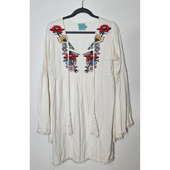 Judith March Embroidered Floral Tunic Dress Bell Sleeve Fringe Boho Medium - Picture 1 of 5